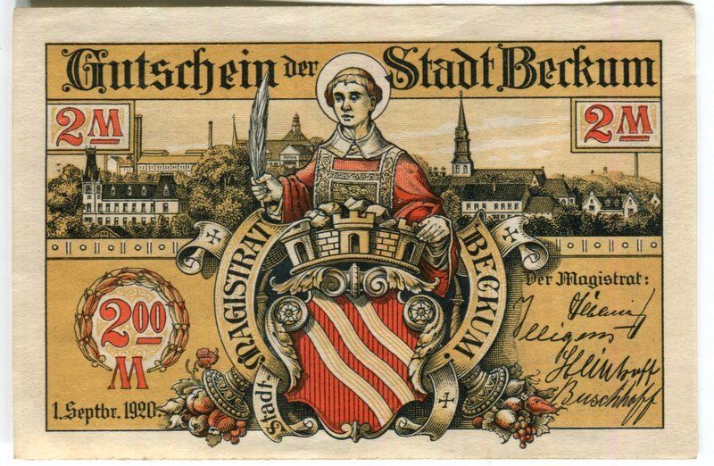 Billets de banque: Notgeld "2 Mark. Beckum 1920". – D'occasion à Basel par Butsch5