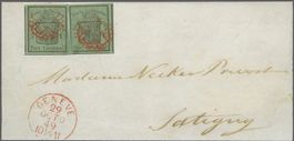 GENFER ADLER DUNKELGRÜN - 2 Marken auf Brief» Kat. 60'000.-