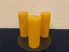 Kerzen 3er Set, je 7x18 cm und je 600g, honig Raureif