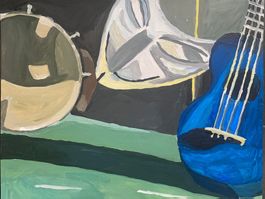 Stilleben mit Ukulele, Tamburin, Maske, Acryl 50x40cm
