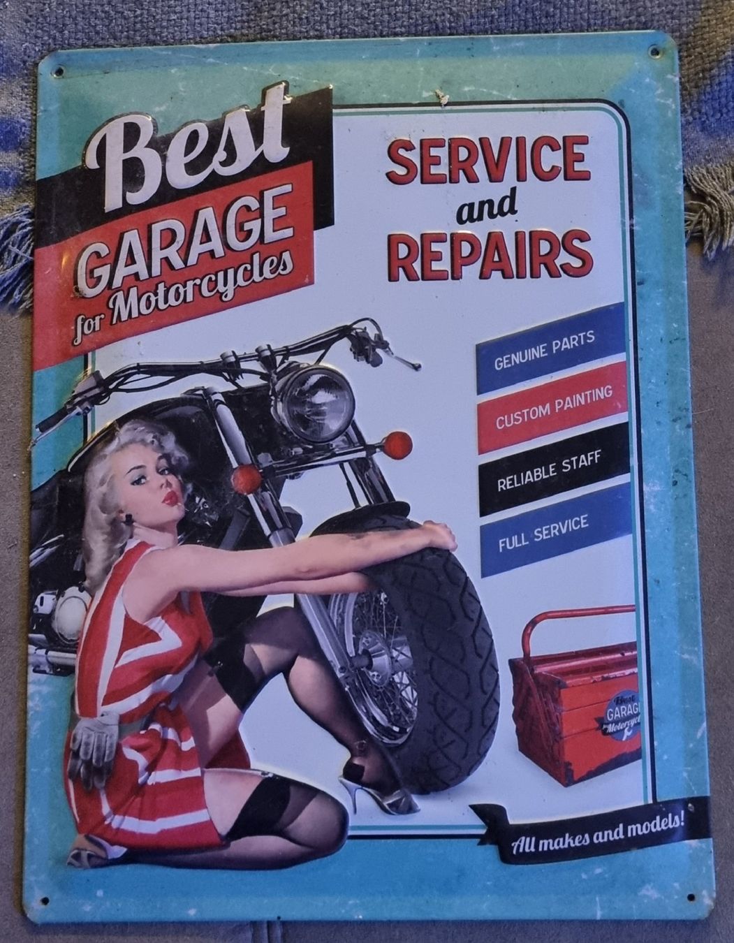 Schilder: Blechschild Nostalgic-Art Best Garage for Motorcycles – Gebraucht aus Neuenegg von muenzenweber-ch