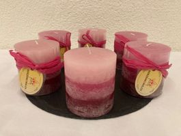 Kerzen 6,8 x 7,2 cm, 6 Stück, Rosa abgestuft, Raureif