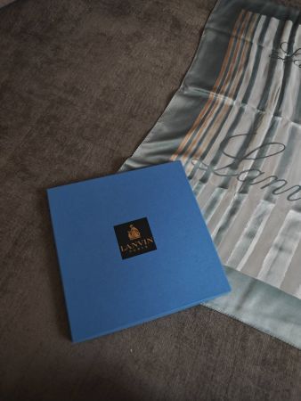 LANVIN 100% silk green beige stripe scarf handsewn carré BOX