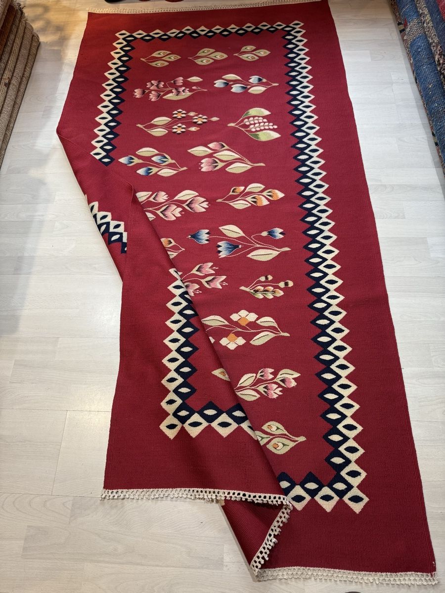 Kelim Tappeti: Roter Vintage Teppich mit Blumenmuster -100x200.cm – Usato da Büron venduto da Filadefia-888 3