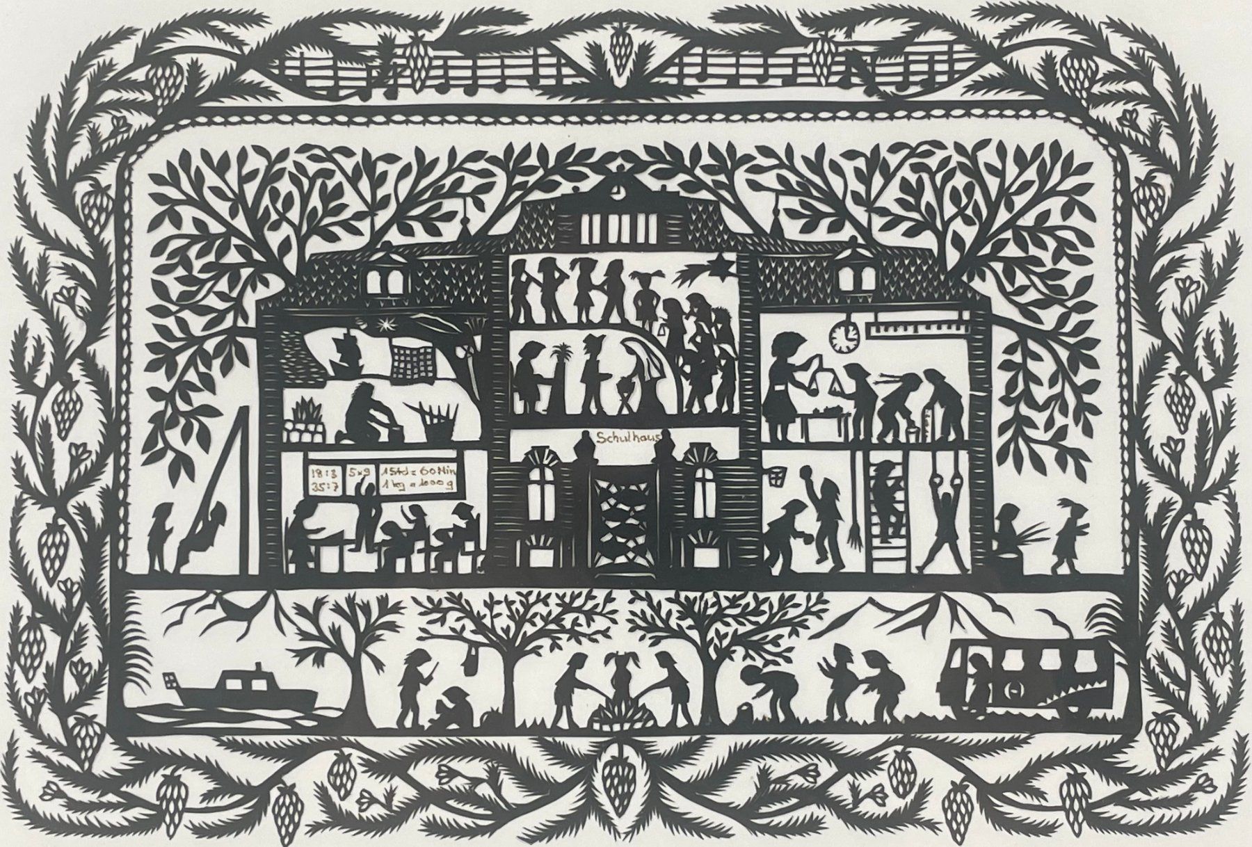 Grafiken & Lithographien: Scherenschnitt I. Badertscher 1990 Schulhaus – Gebraucht aus Volketswil von Artivo 1