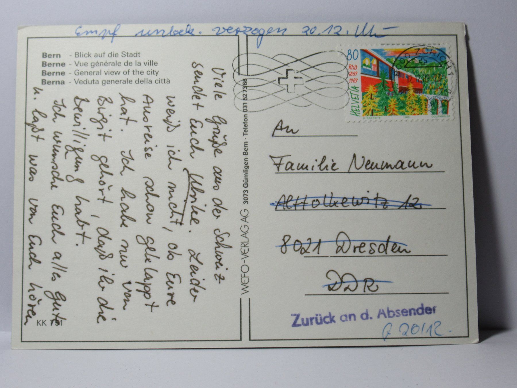Cartoline postali: Bern 1989 – Usato da Grenchen venduto da Bluemchen1900 1