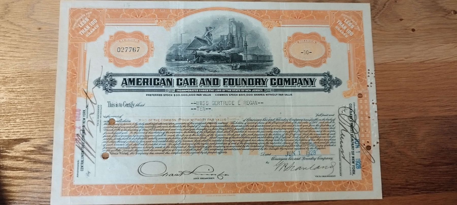 Dokumente: Historische Aktie: American Car & Foundry Company 1928 – Gebraucht aus Flawil von twin622
