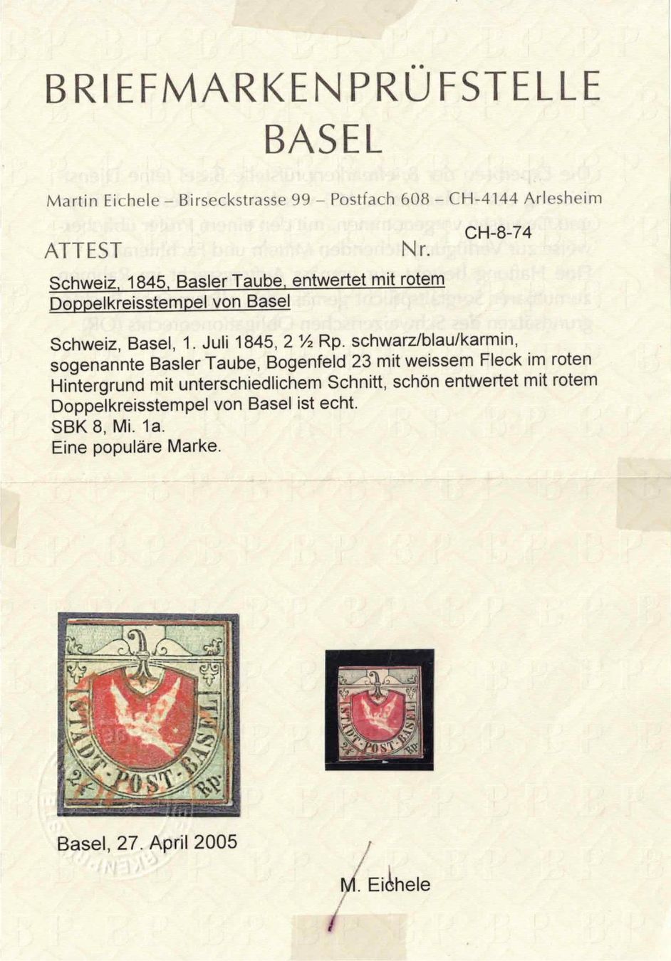Tutti i francobolli: 1845, schöne Basler Taube Nr. 8 - mit Attest – Nuovo (secondo la descrizione) da Nuglar venduto da Stamp88 1