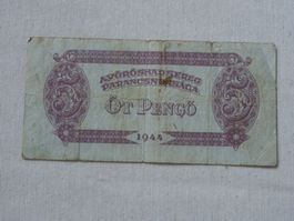 Ungarische Banknote, 5 Pengö, 1944, Vintage Zustand