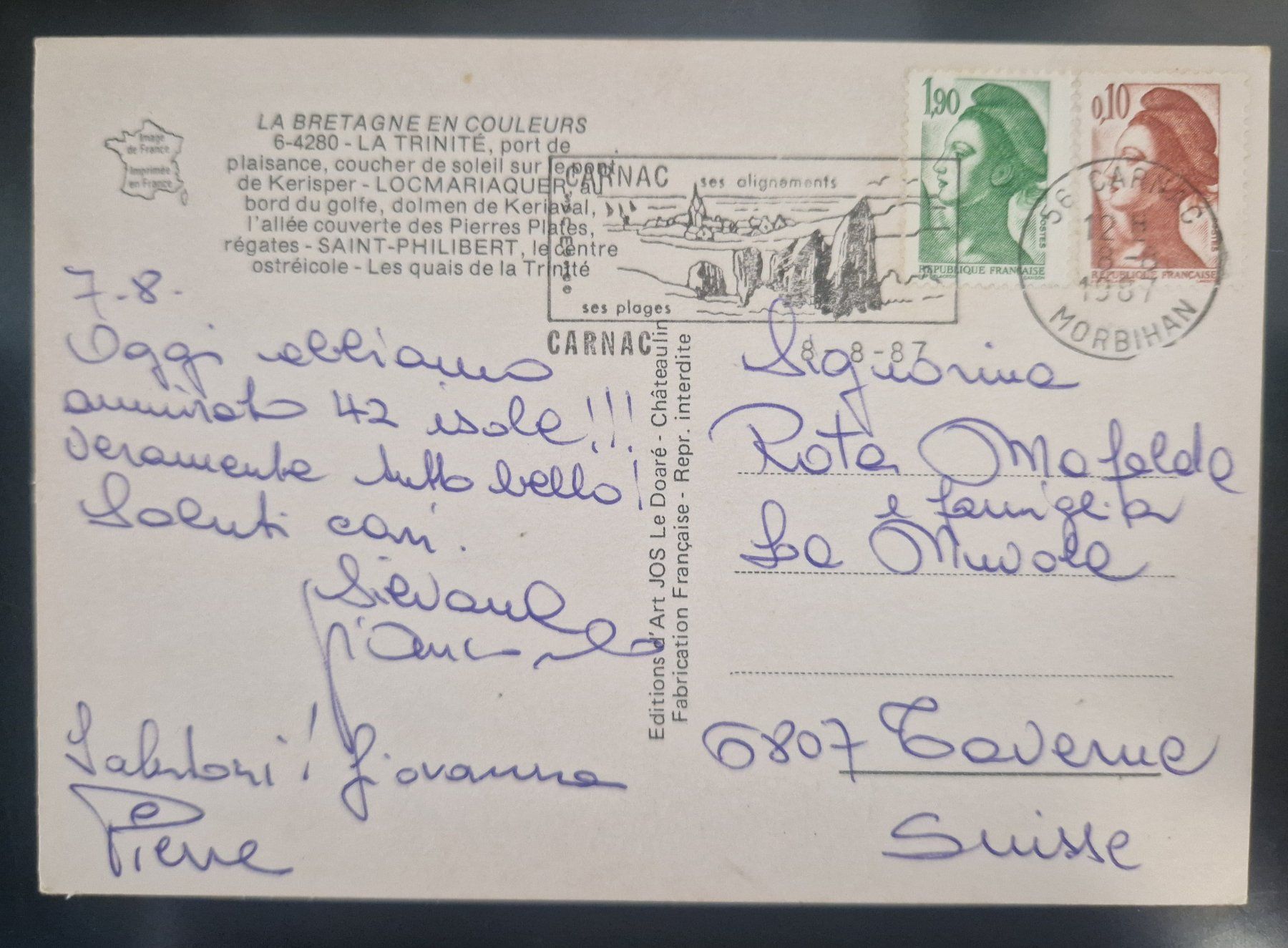 Cartoline postali: La Trinite Locmariaquer Saint Philibert 1987 – Usato da Melchnau venduto da Arthurius 1