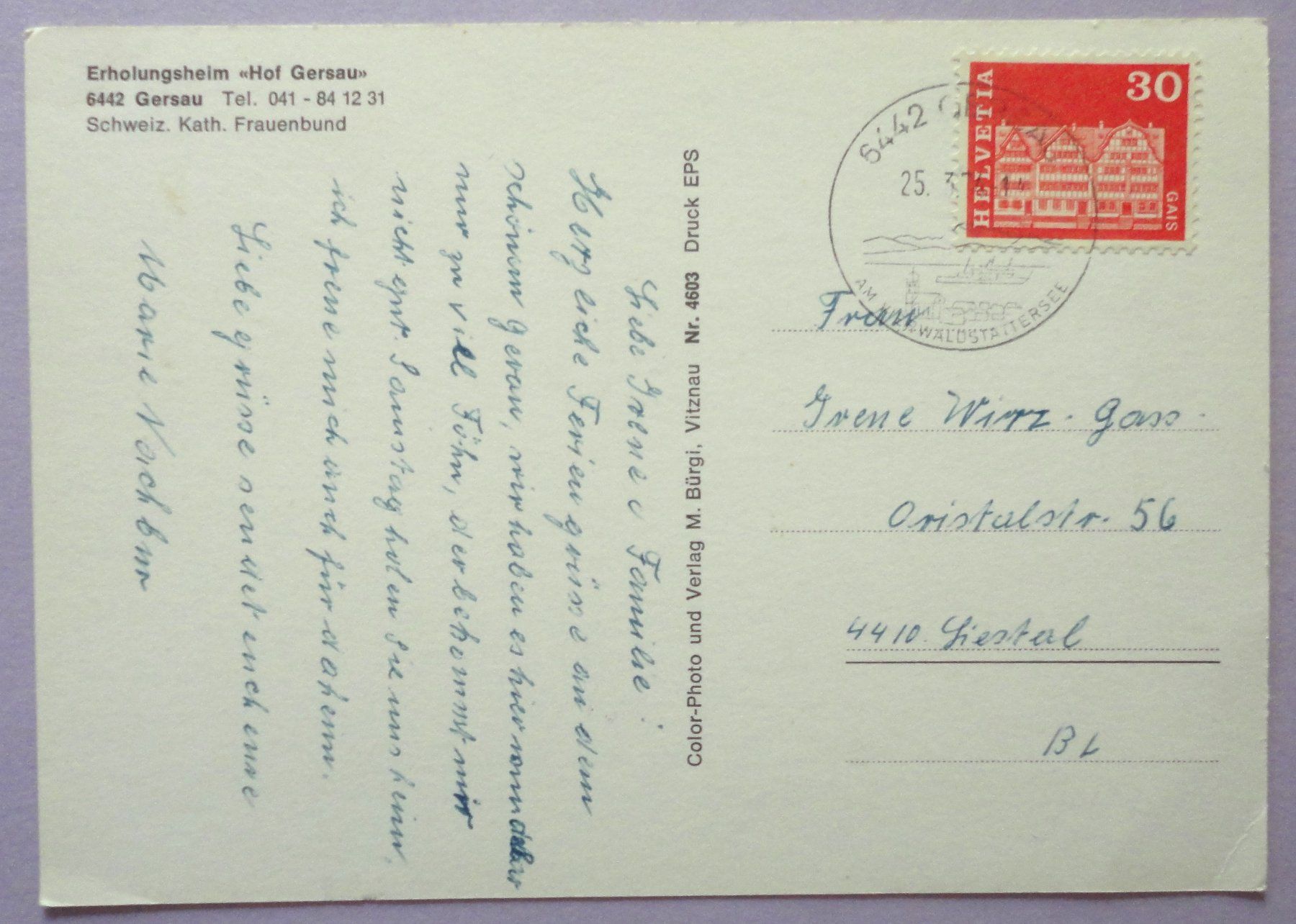 Cartoline postali: Erholungsheim "Hof Gersau", Gersau – Usato da Fétigny venduto da Billy2miny 1