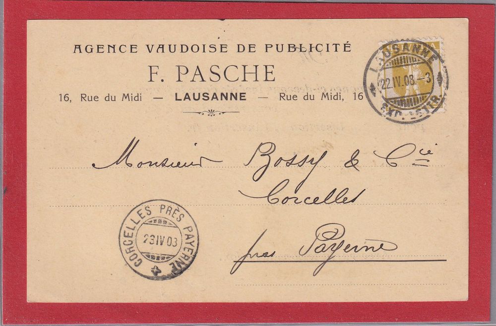 Carte postale - Agence de pub. F. Pasche - Lausanne 1908 (D'occasion) à ...