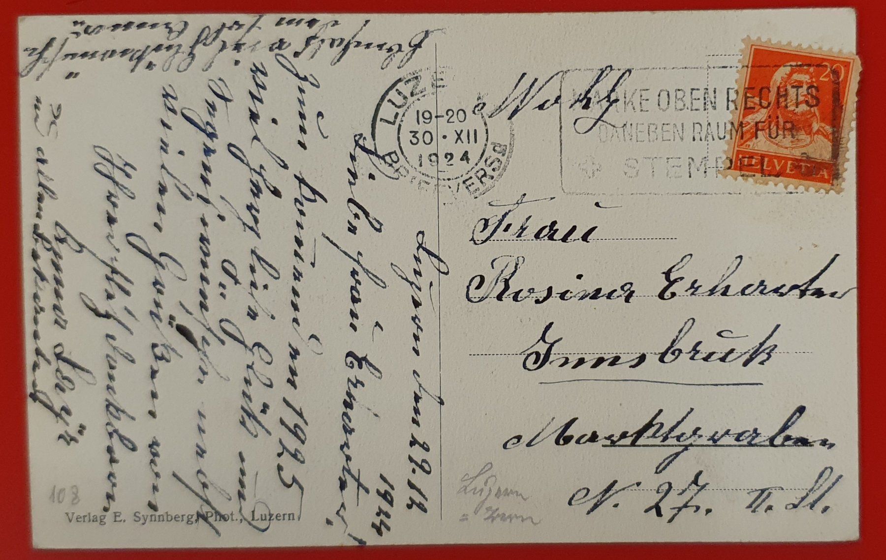 Ansichtskarten: Entlebuch 1924 - Kurhaus Flühli – Gebraucht aus Kreuzlingen von Rschweiz1 1