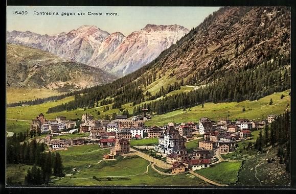 Cartoline postali: Pontresina, Ortsansicht mit der Cresta m – Usato da Berlin venduto da bartko-reher