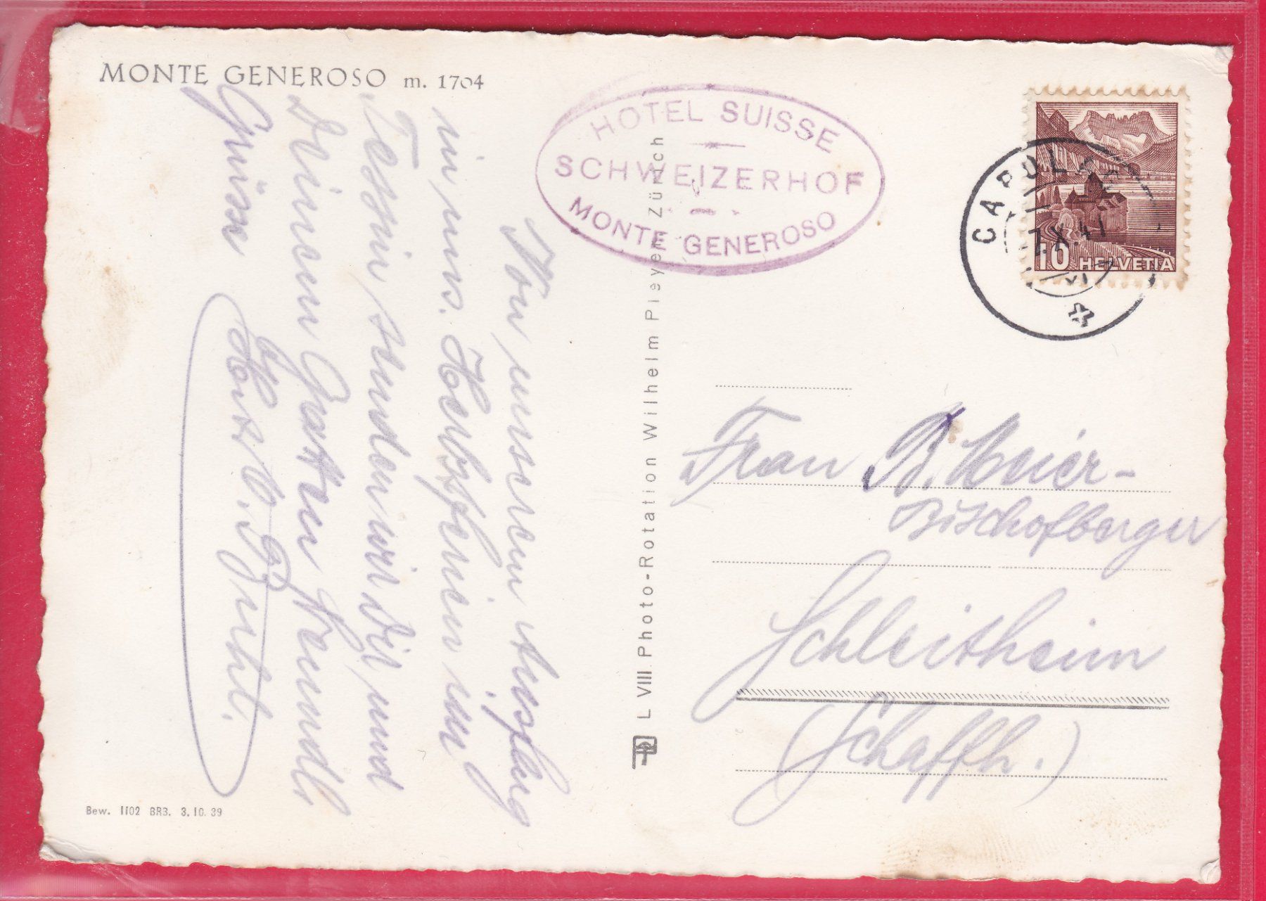 Cartoline postali: MONTE GENEROSO 1704m, HOTEL SCHWEIZERHOF, 7.10.1941 – Usato da Oberrieden venduto da Gebirgsstelze 1