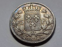 Frankreich -5 Francs 1828 (K)  Charles X, Bordeaux Silber.