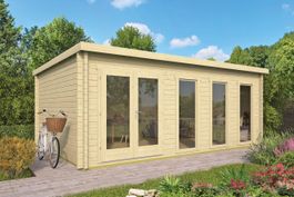 Gartenhaus Gabriella ISO 58 mm – Blockhaus Pultdach 595x400