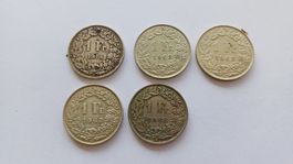 5x 1 Franken Schweiz , SILBER: 1914, 1962, 2x 1963 + 1968
