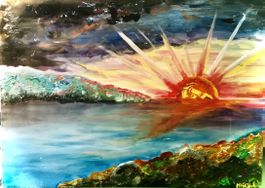 Oelgemälde Sonnenuntergang am See signiert neuwertig