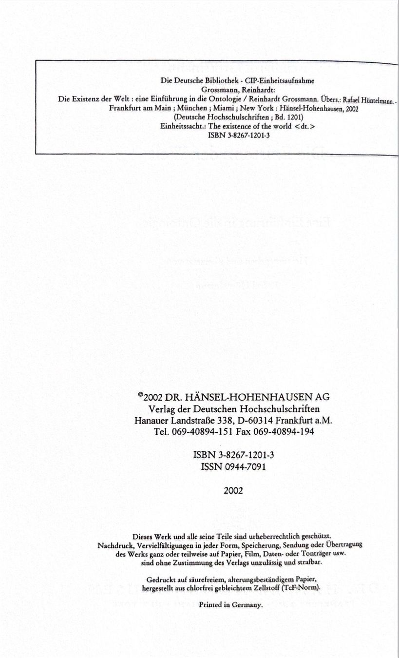 Libri: Grossmann Reinhardt, Die Existenz der Welt – Nuovo (secondo la descrizione) da Sarnen venduto da Livres 2