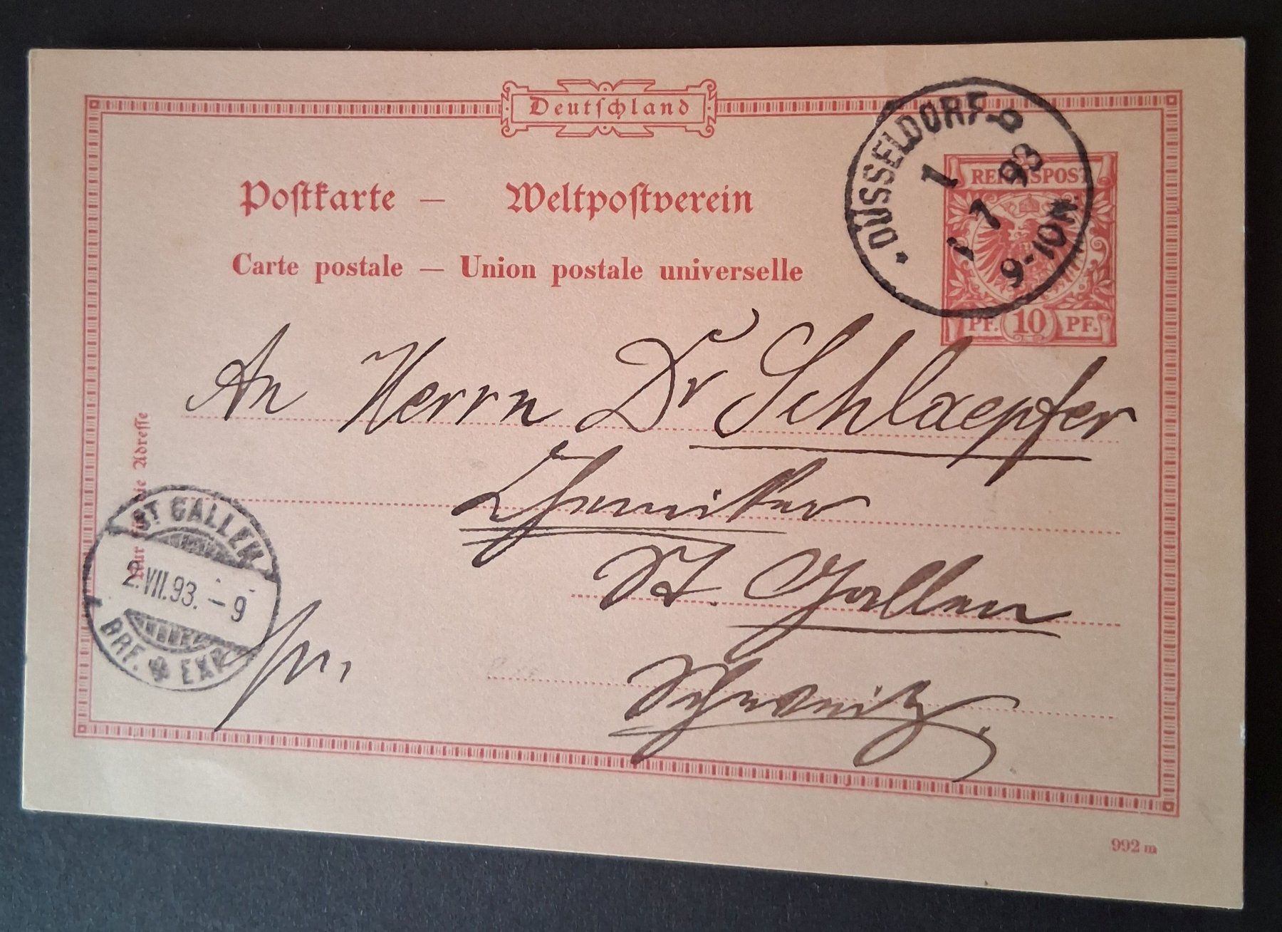 Tutti i francobolli: Postkarte Düsseldorf-St.Gallen, 1893 – Usato da Stalden (Sarnen) venduto da Salina_23