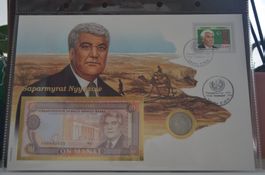 Banknotenbrief mit Münze aus Turkmenistan