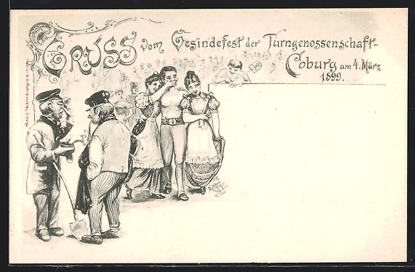 Cartoline postali: Litho Coburg, Gesindefest der Turngenoss – Usato da Berlin venduto da bartko-reher