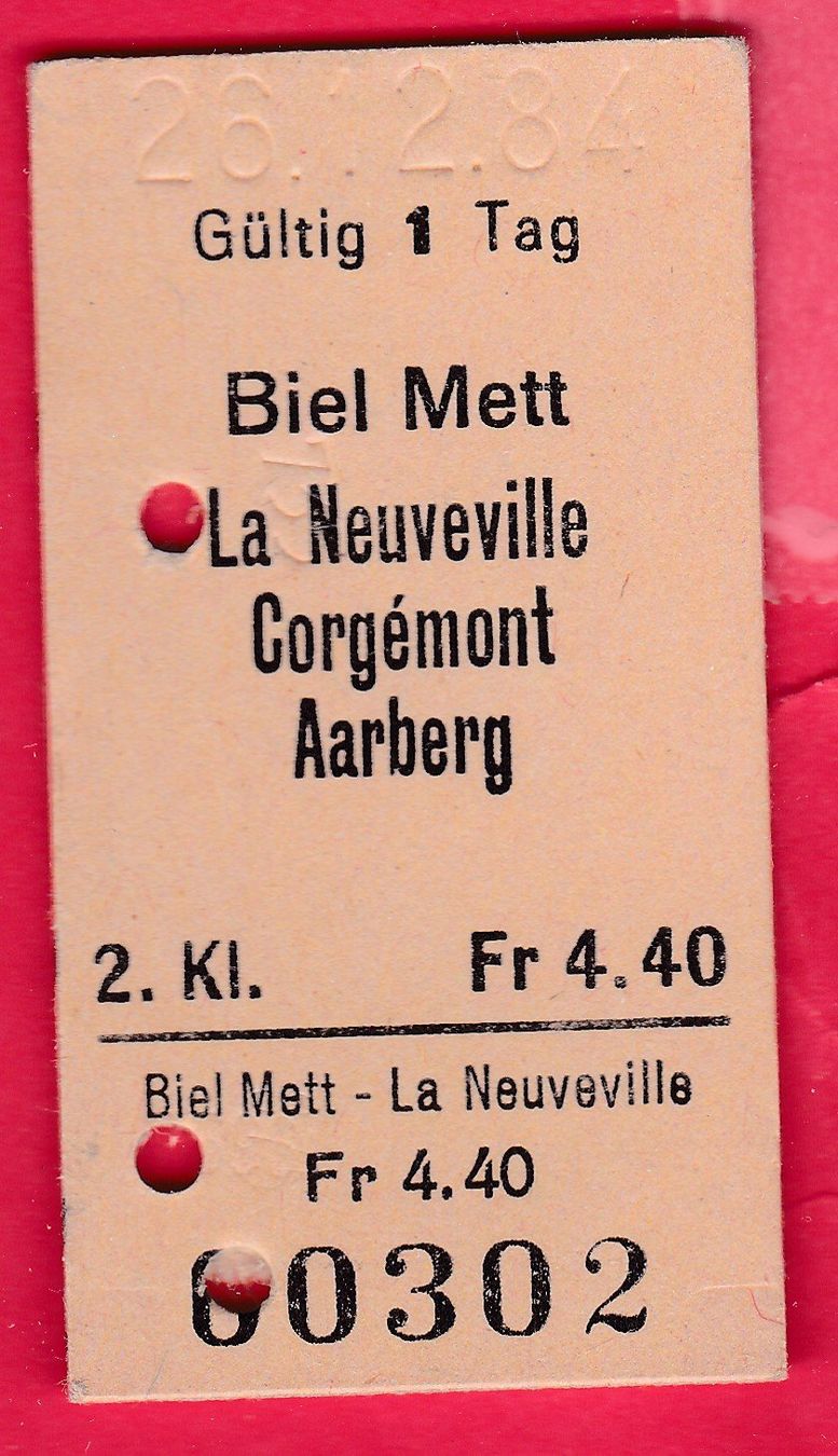 Biglietti: KARTON BILLETT,BIEL MATT - AARBERG,2.KLASSE,EINFACH, 1984 – Usato da Oberrieden venduto da Gebirgsstelze