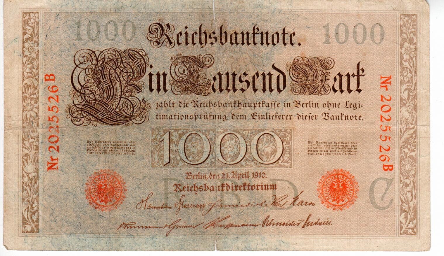 Banconote: Reichsbanknote Ein Tausend Mark 1910 – Usato da Wolhusen venduto da Curver9