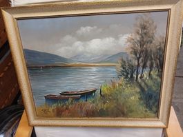 Oelgemälde A. Peier 1955 See mit Booten gerahmt