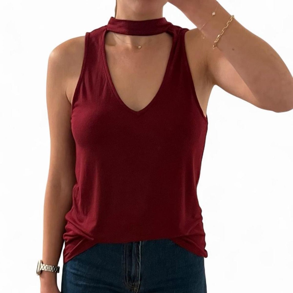 Pull&Bear Top: Pull&Bear burgundy top with choker neck, size XS – Usato da Küsnacht ZH venduto da vjgrs