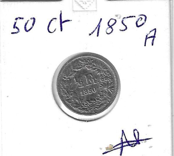Tutti le monete: Monnaie Suisse: 0.50 fr 1850 A – Usato da Muraz (Collombey) venduto da Resine