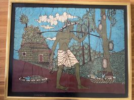 Vintage Batik Textilbild – Mann bei der Ernte / Tropenlandsc