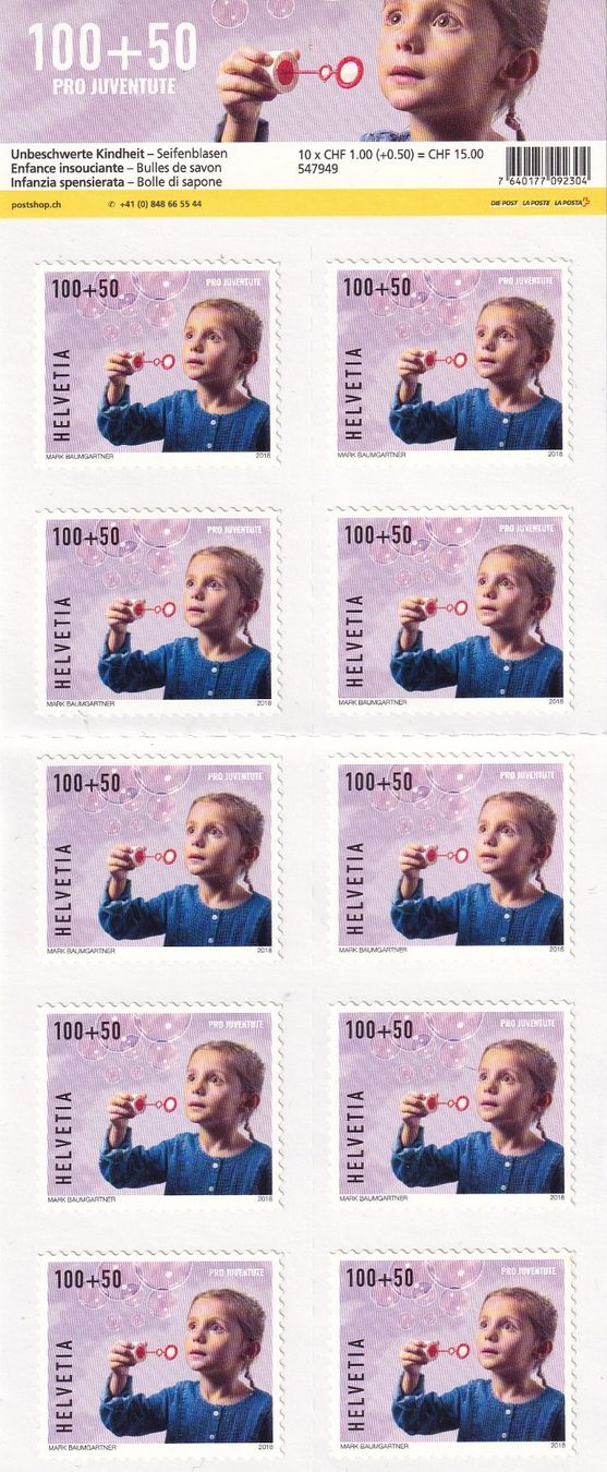 Tutti i francobolli: Pro Juventute 2018 Seifenblasen - 10er Bogen ** postfrisch – Nuovo e nell'imballaggio originale da Lausen venduto da cs8_tfz5