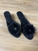 Schwarze Samt Pantoffeln Gr. 38 Absatz Pelzoptik