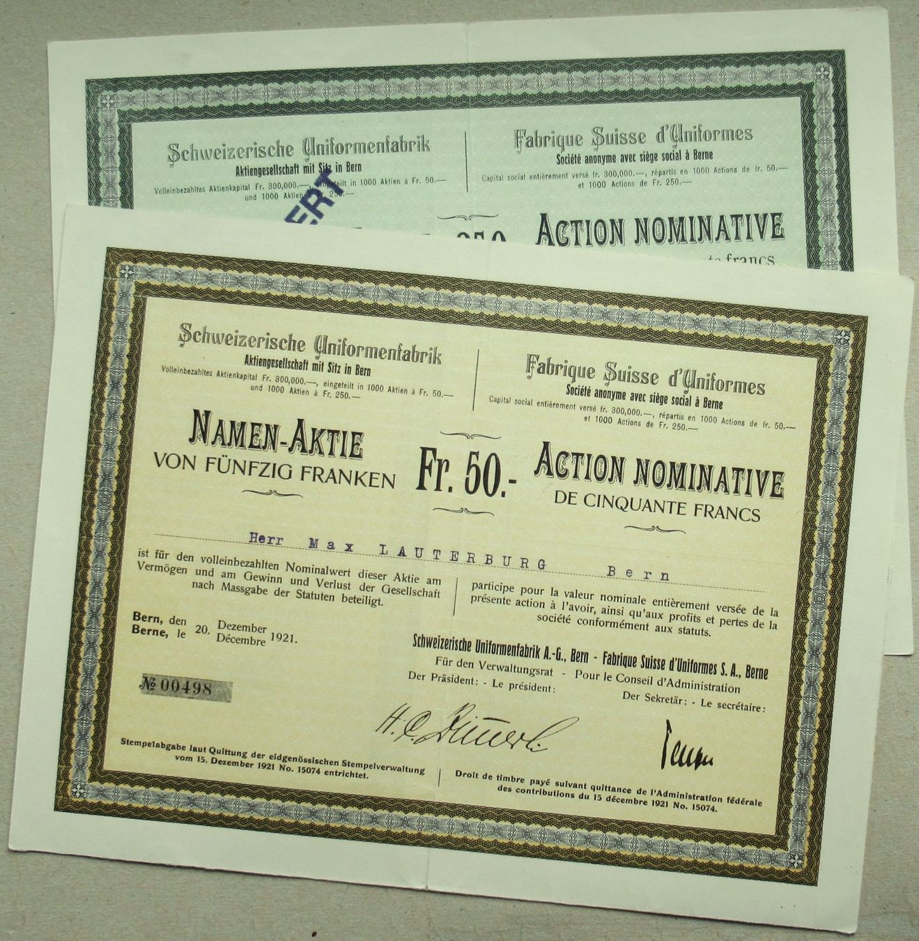 Documenti: original 2 SCHWEIZERISCHE UNIFORMENFARBIK AG Bern 1921 – Usato da Lohn-Ammannsegg venduto da rrrikko 1