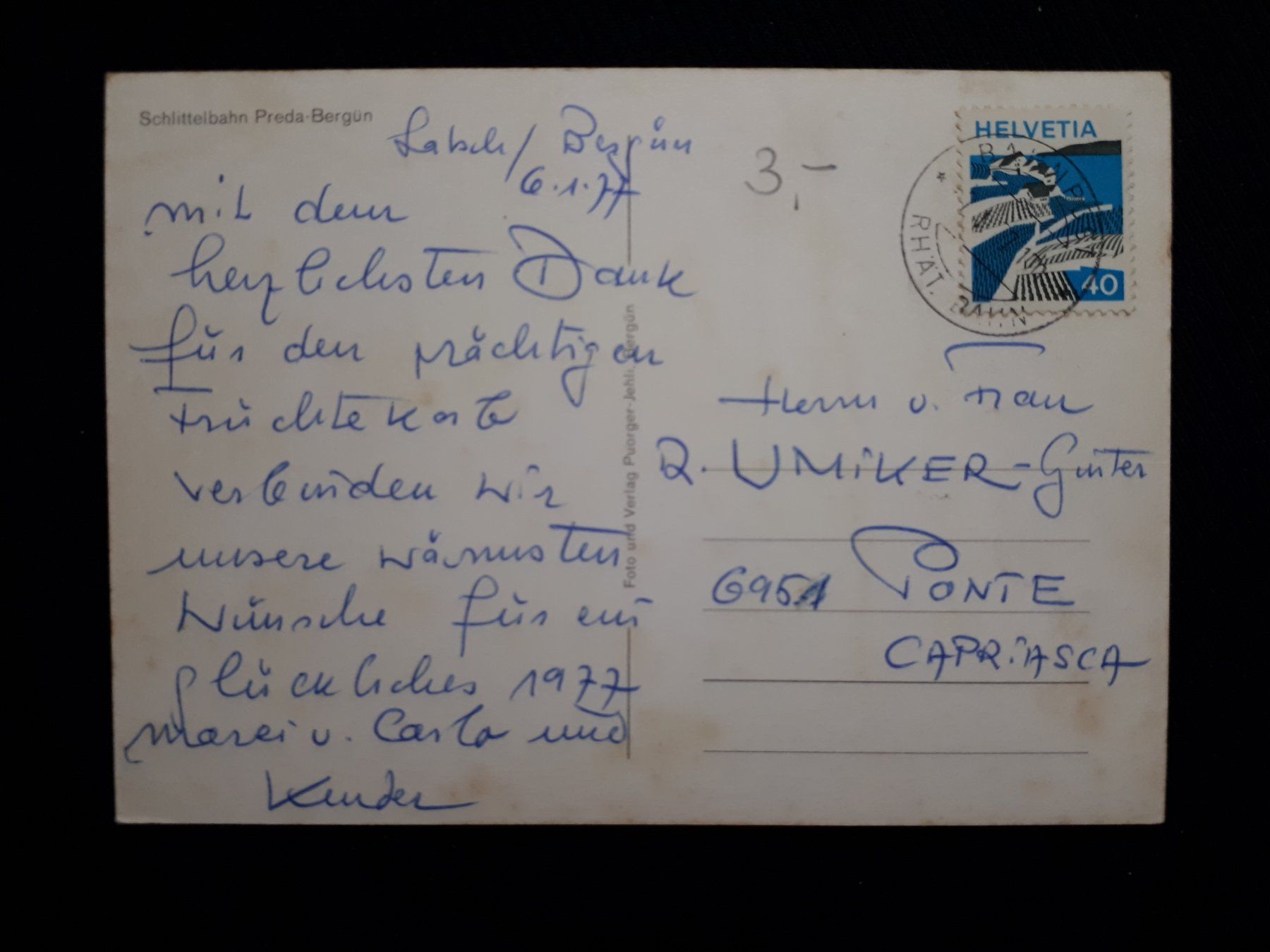 Ansichtskarten: PREDA-BERGUN - SCHLITTENBAHN - 1977 – Gebraucht aus Ponto Valentino von giorgia06 1