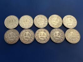 10 x 2 Franken Muenzen 1920 1939 1944 1958 1964 1965