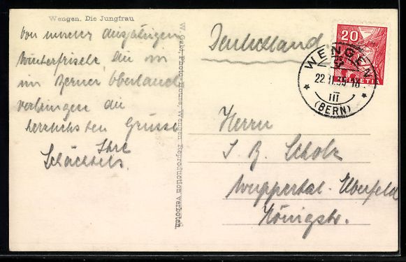 Cartoline postali: AK Wengen, Ortsansicht mit Jungfrau – Usato da Berlin venduto da bartko-reher 1