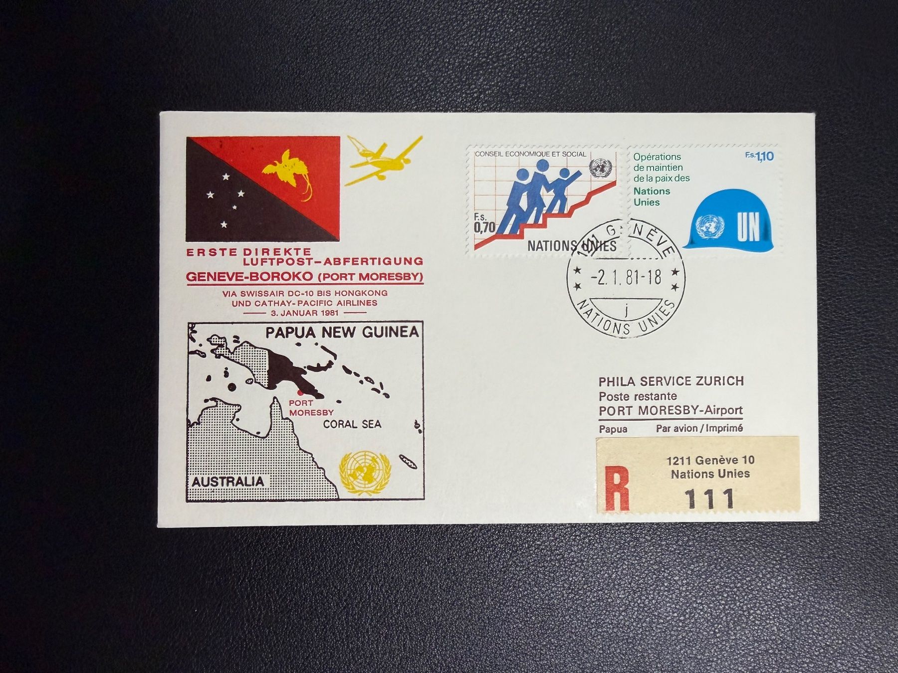Tous les timbres: Erste direkte Luftpost Genf-Boroko ab UNO 1981 – D'occasion à oberrüti par jeanmei