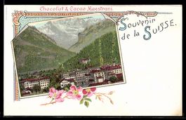 Lithographie Interlaken, Totalansicht mit Bergpanorama, Rekl