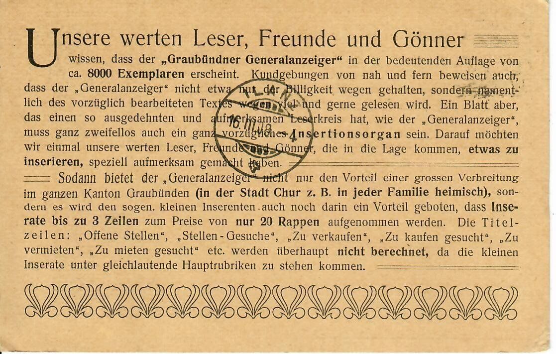 Tous les timbres: PK, Graubündner General-Anzeiger 1908 – D'occasion à Hochdorf par Ziegel-16 1