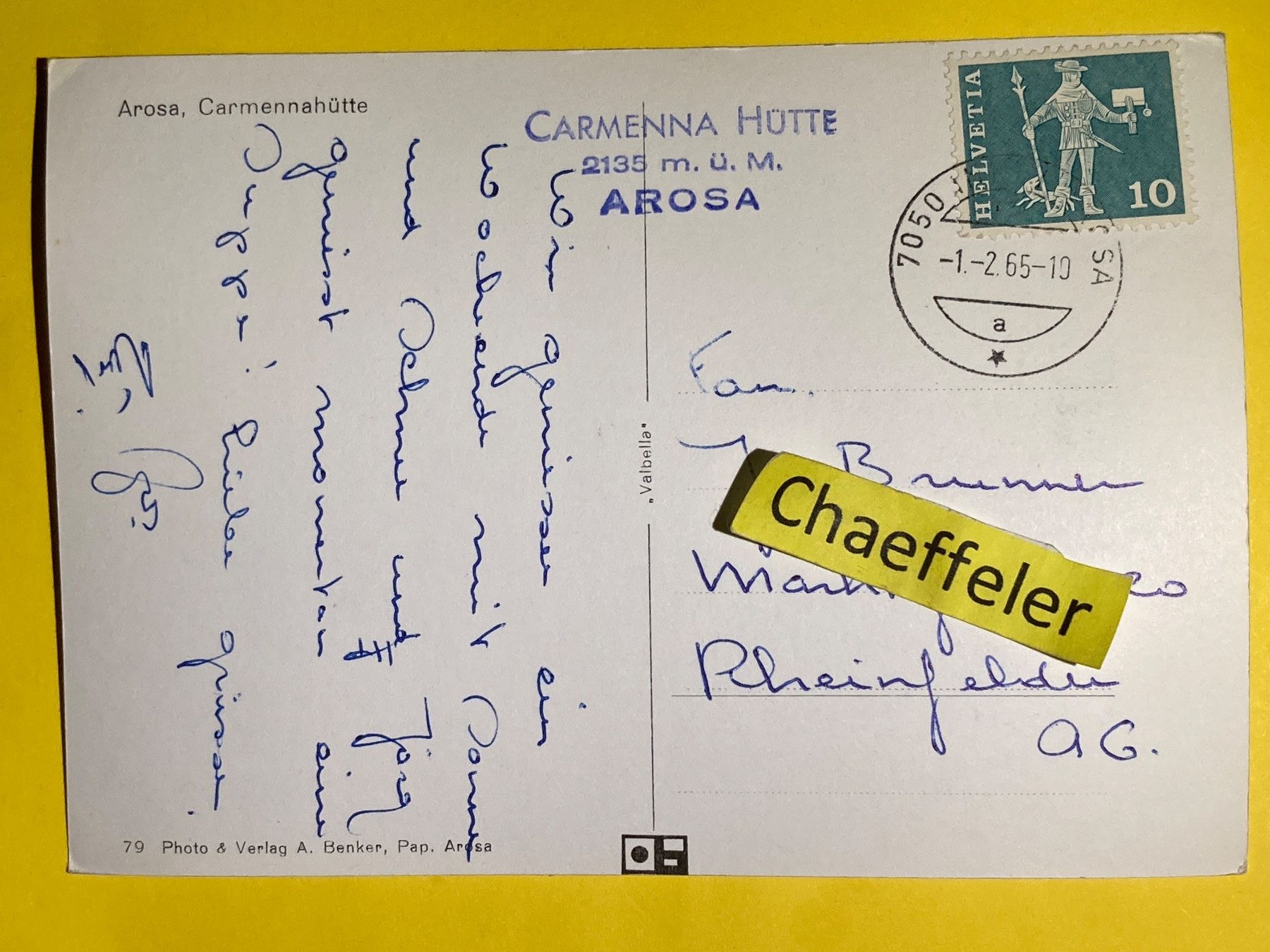 Cartoline postali: 1965 Arosa, Carmennahütte – Usato da Zürich venduto da Chaeffeler 1