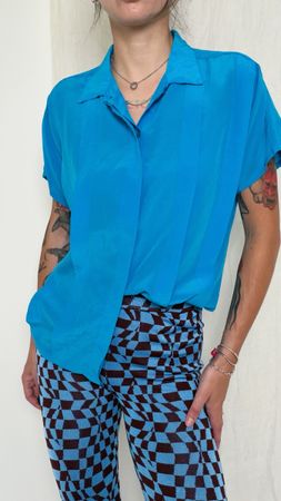 Vintage 90s blue silk shirt short sleeve blouse 