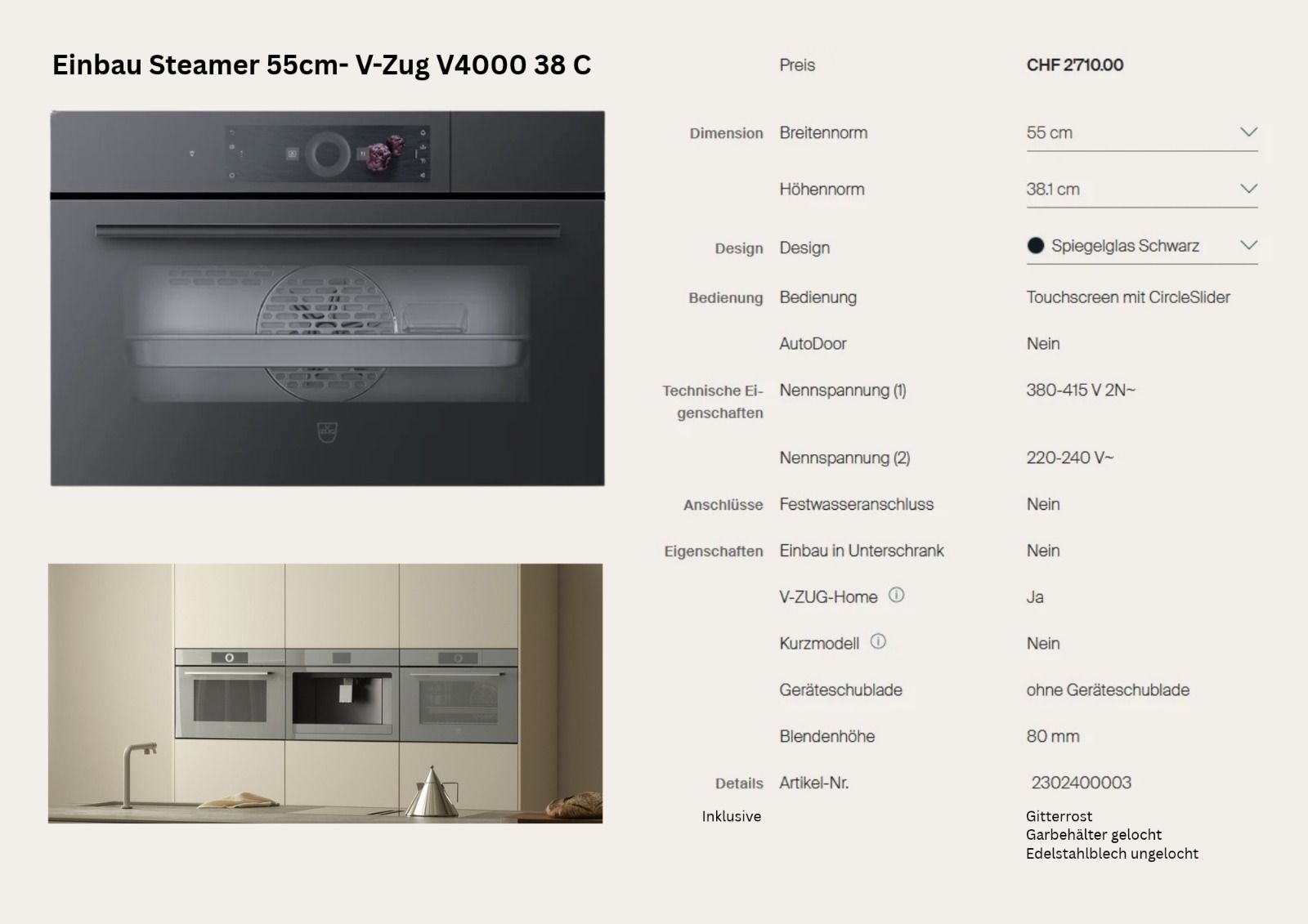 V-Zug Elettrodomestici da cucina: Einbausteamer V-Zug – Nuovo e nell'imballaggio originale da Uznach venduto da maril0u 1