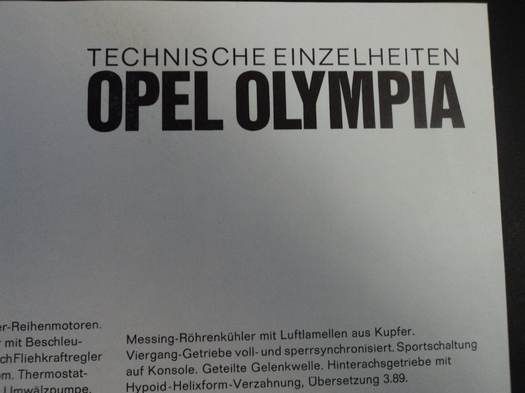 Opel Documenti: Prospekt Technische Daten Opel Olympia 1968 – Usato da Schwarzenburg venduto da modelCARama