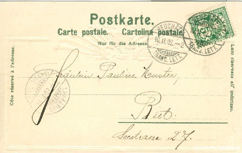 Cartoline postali: Neuchâtel - Prägelitho + 1902 TOP – Usato da Emmenbrücke venduto da teestube 1