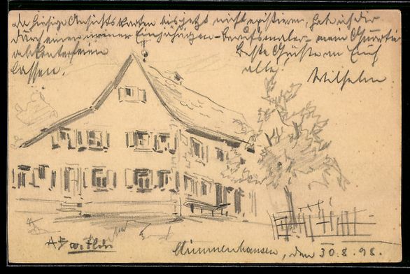 Cartoline postali: Handgemalt: Mimmenhausen, Wohnhaus, Baum – Usato da Berlin venduto da bartko-reher