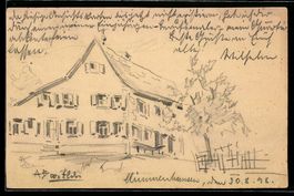 Handgemalt: Mimmenhausen, Wohnhaus, Baum