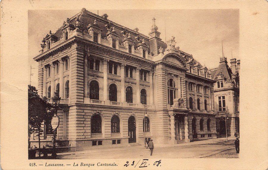 Cartoline postali: Lausanne, Banque Cantonale, circulée 1908 – Usato da Frauenfeld venduto da POML